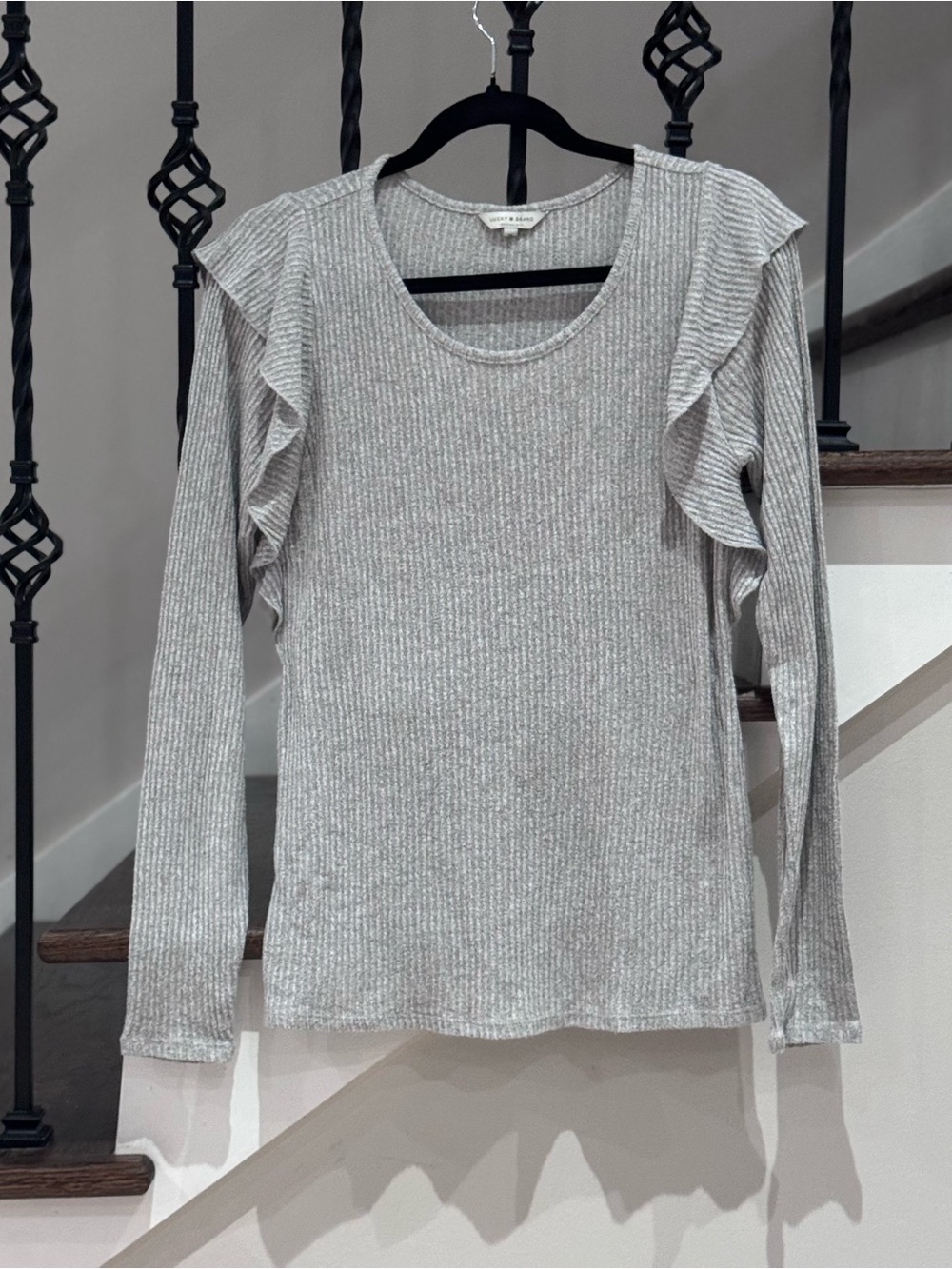 Lucky Brand Ribbed Long Sleeve Ruffle Shoulder Top - Light Gray